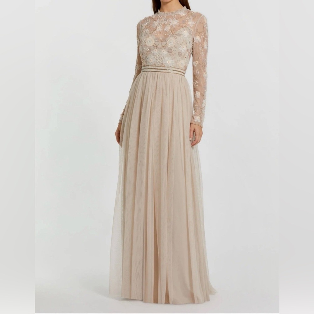 Mac Duggal Elegant Long Sleeve Evening Dress in Beige/ Vanilla
